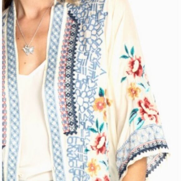 Johnny Was Utopia Kimono 100% Silk Floral Letter Embroidered Cream Blue Size XL - Picture 5 of 16